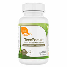 Zahler TeenFocus dietary supplement bottle with white cap and green label band, containing 90 capsules.