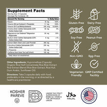 Bottle label showing supplement facts for Teen Focus capsules with ingredient list, serving instructions, and certification b