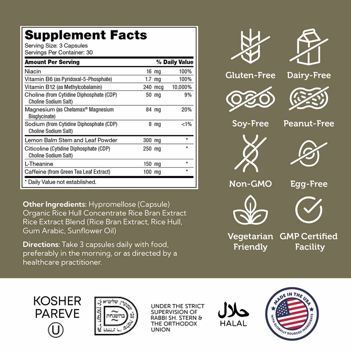 Bottle label showing supplement facts for Teen Focus capsules with ingredient list, serving instructions, and certification b
