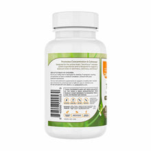 White supplement bottle with green label showing "Promotes Concentration & Calmness" text and product information for Teen Fo