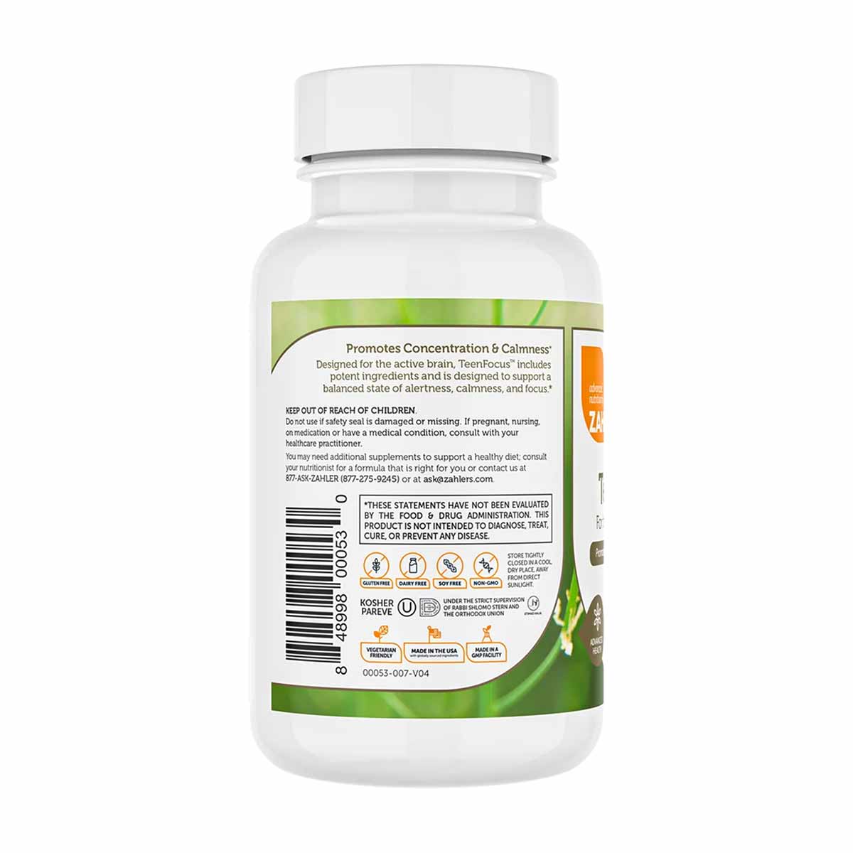 White supplement bottle with green label showing "Promotes Concentration & Calmness" text and product information for Teen Fo