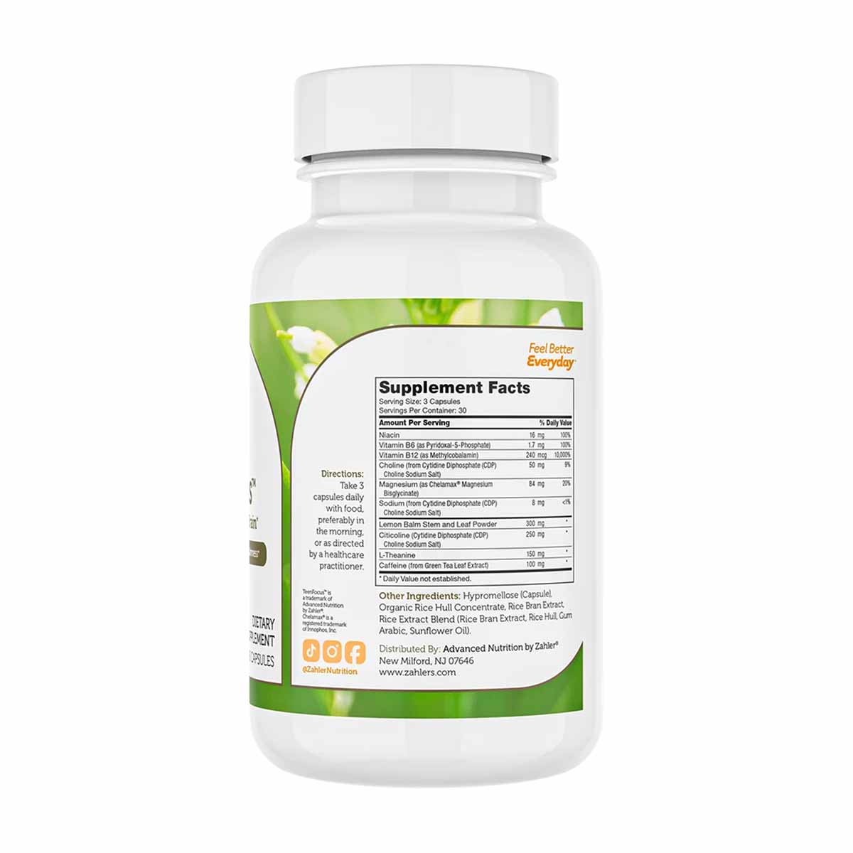 White bottle of Zahler Teen Focus supplement with green label showing Supplement Facts and ingredients list.