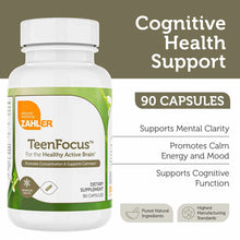 White bottle with green label containing 90 capsules of Zahler TeenFocus dietary supplement.