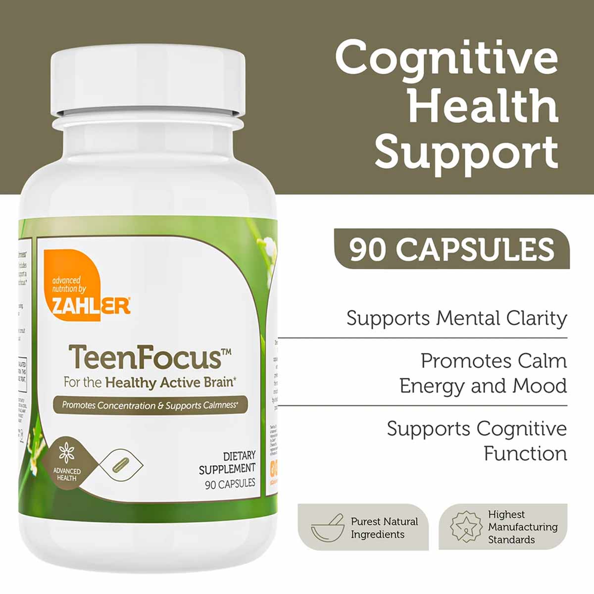 White bottle with green label containing 90 capsules of Zahler TeenFocus dietary supplement.