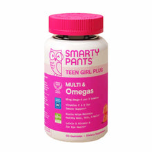 SmartyPants Teen Girl Plus Multi & Omegas vitamin gummies bottle with pink cap and label.