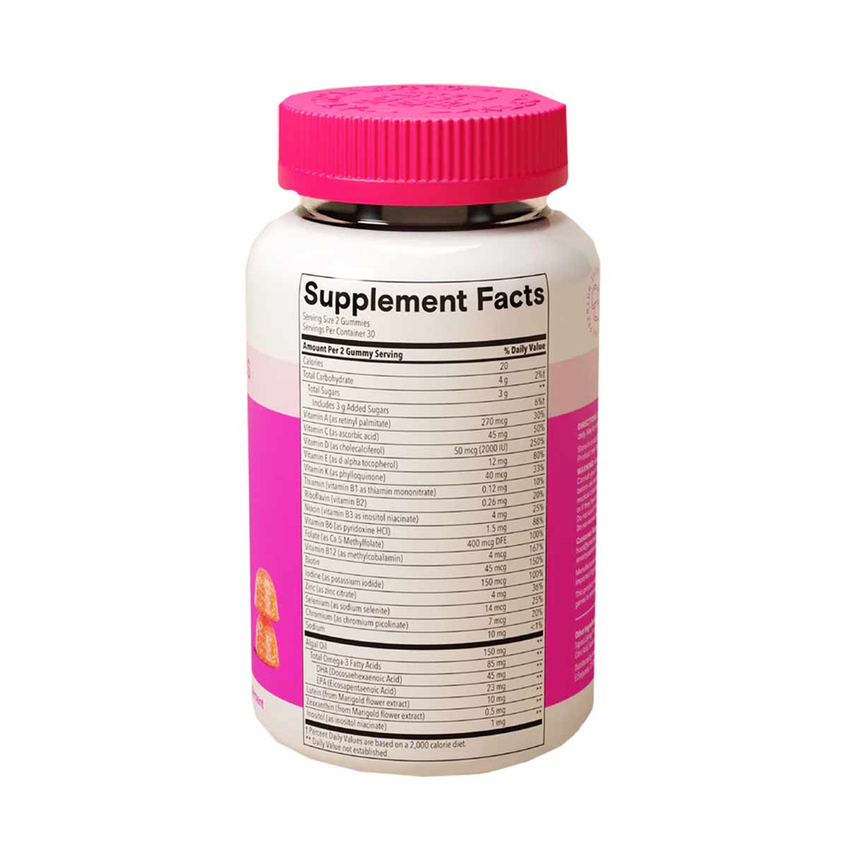 White bottle with pink cap and label showing supplement facts for SmartyPants Teen Girl Plus Multi & Omegas vitamins.