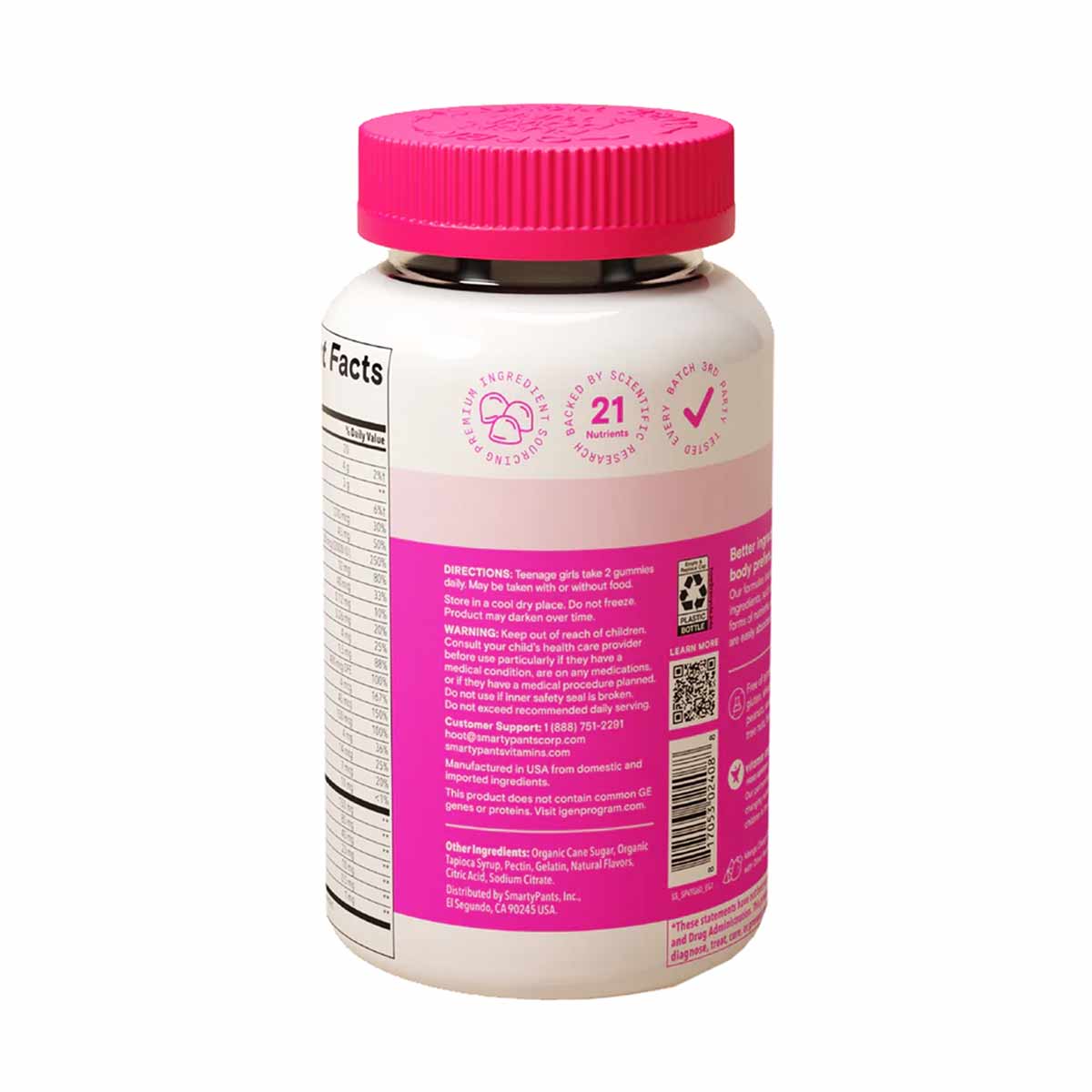 SmartyPants Teen Girl Plus Multi & Omegas vitamin bottle with pink cap and label showing nutrition facts and directions.