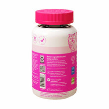 White bottle with bright pink cap and label containing gummy vitamins for teen girls.