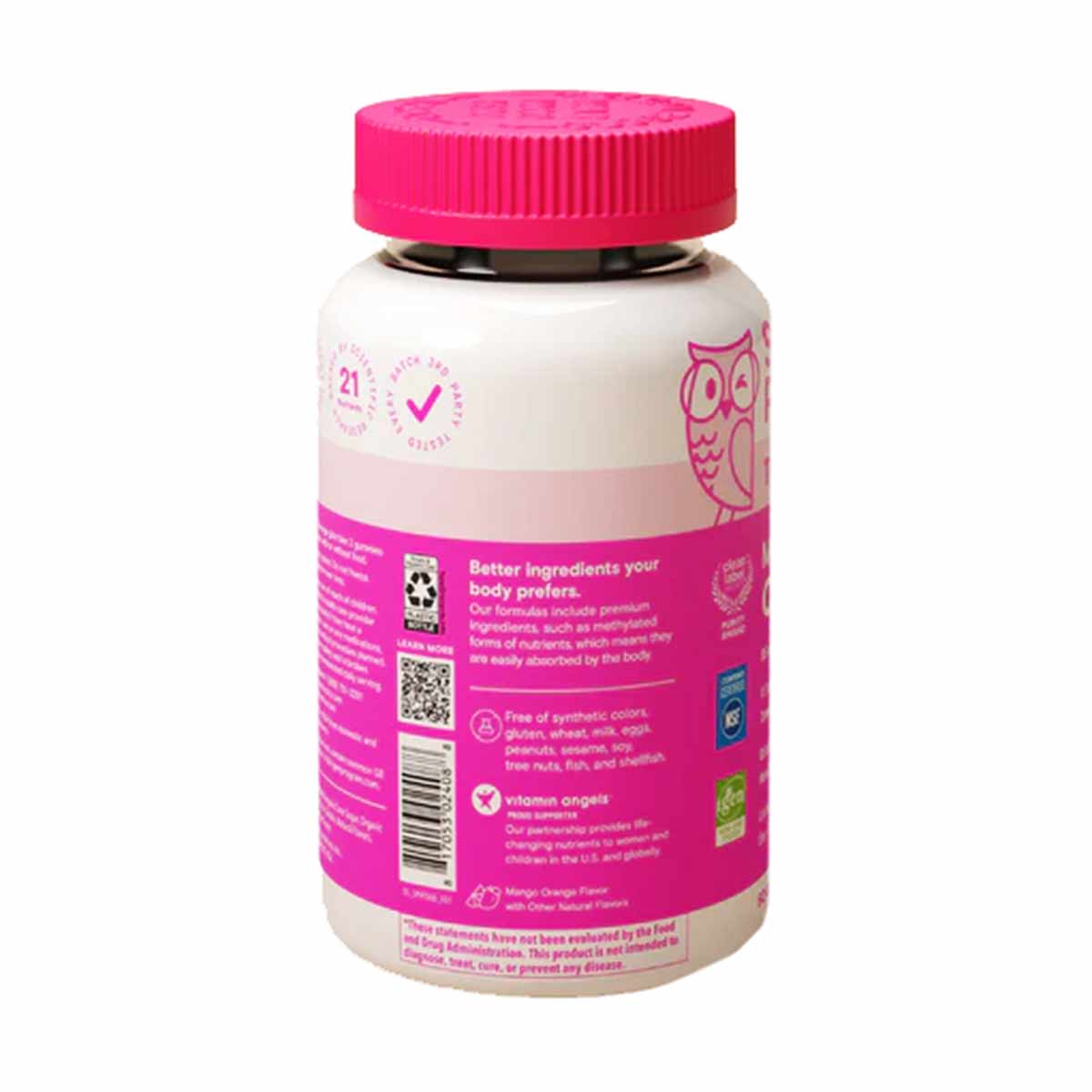 White bottle with bright pink cap and label containing gummy vitamins for teen girls.