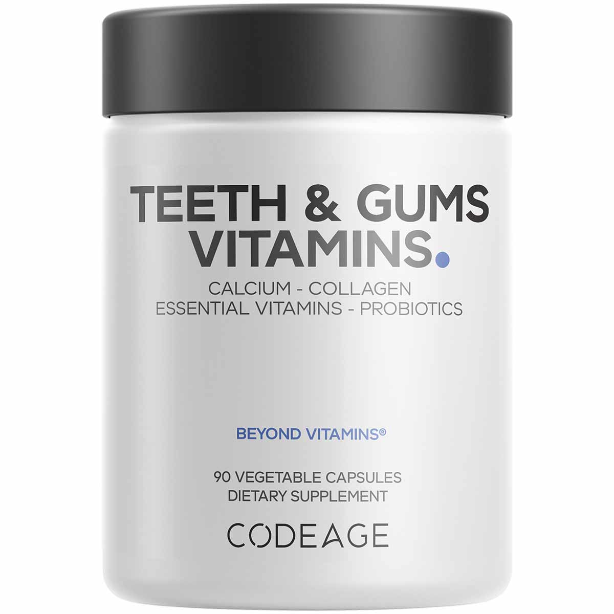 White bottle with dark gray cap labeled "Teeth & Gums Vitamins" containing 90 vegetable capsules dietary supplement by Codeag