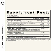 Supplement Facts label for Teeth & Gums capsules listing vitamins, minerals, collagen complex, and probiotic blend per servin