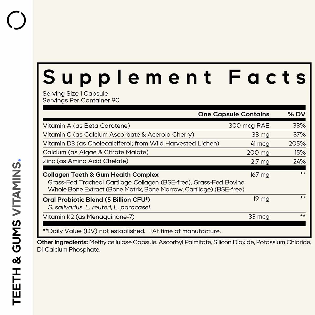 Supplement Facts label for Teeth & Gums capsules listing vitamins, minerals, collagen complex, and probiotic blend per servin