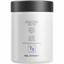 White container with dark gray lid labeled with calcium, collagen, amino acids, vitamins, zinc, and CFU content information.