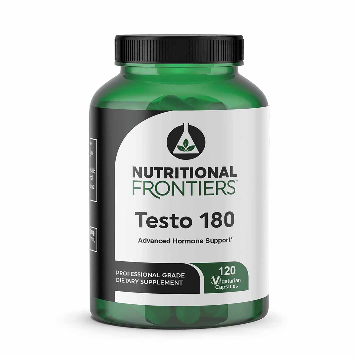 Green bottle with black cap containing 120 vegetarian capsules of Testo 180 by Nutritional Frontiers dietary supplement.