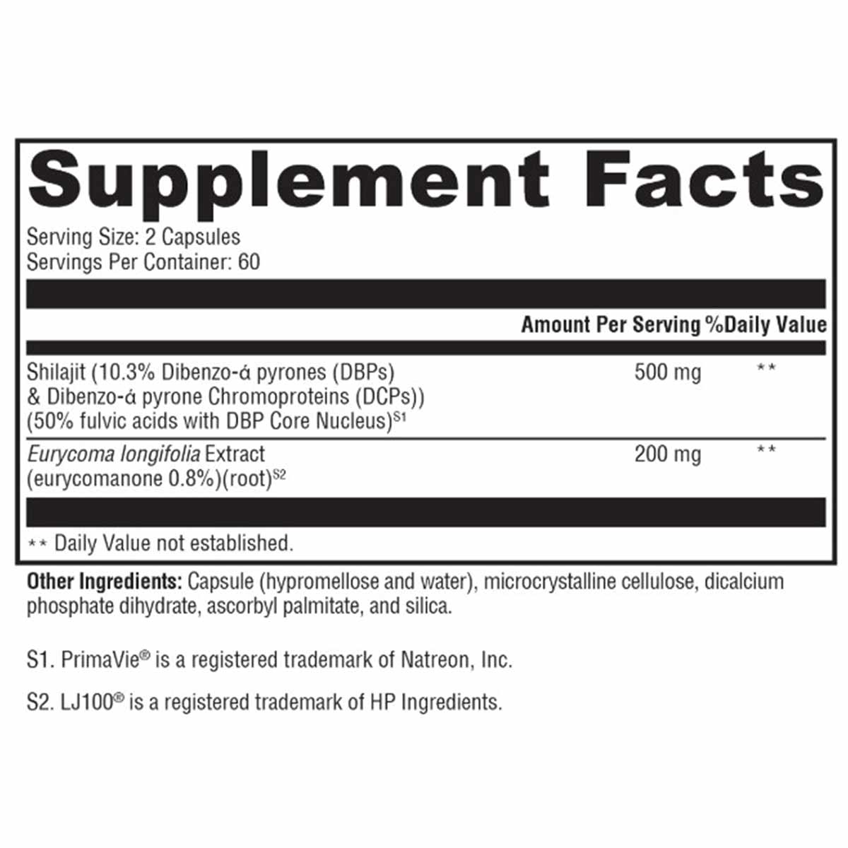 Supplement Facts label for TestoPlex Plus showing serving size of 2 capsules, 60 servings per container, with Shilajit and Eu