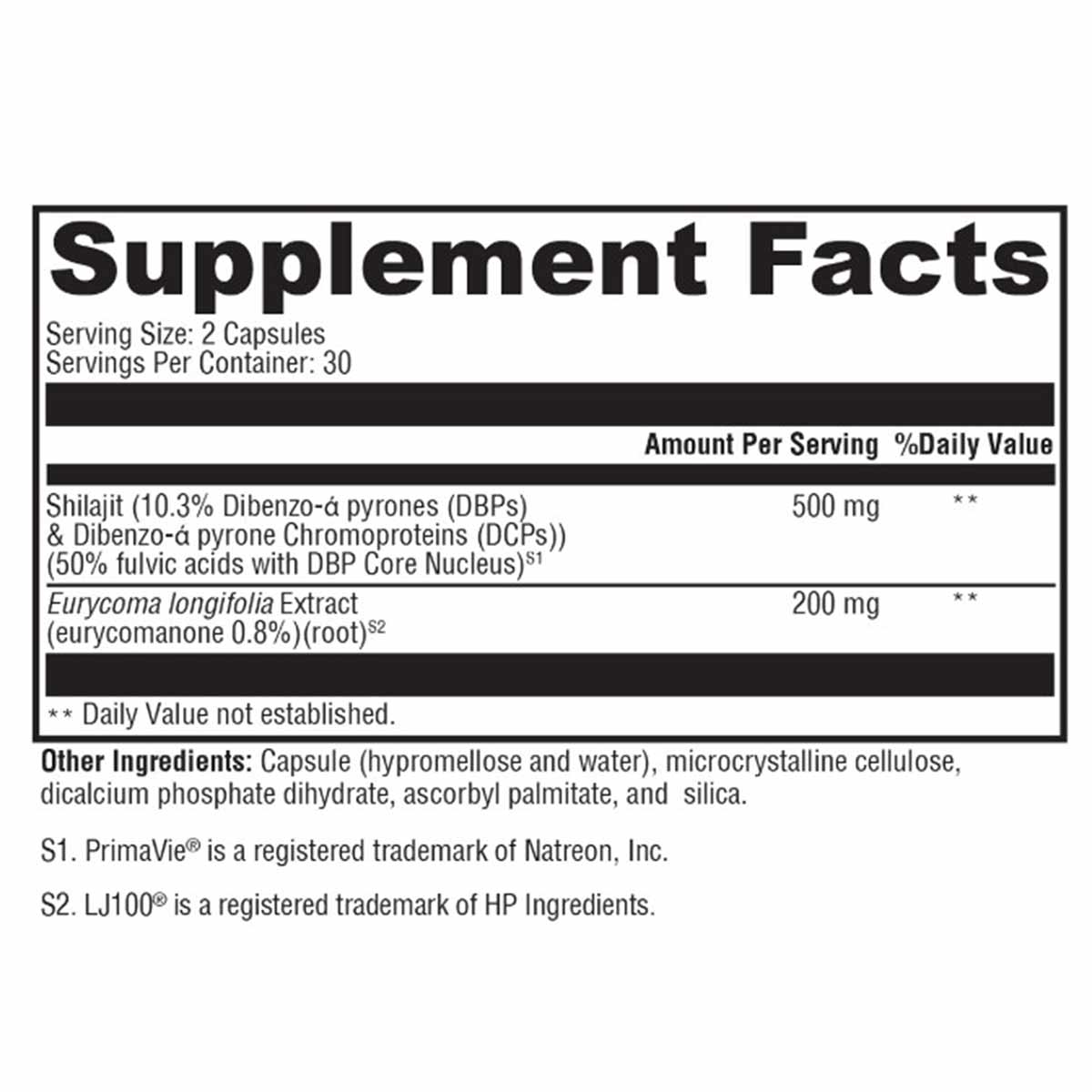 Supplement Facts label for TestoPlex Plus showing serving size of 2 capsules, 30 servings per container, with Shilajit and Eu