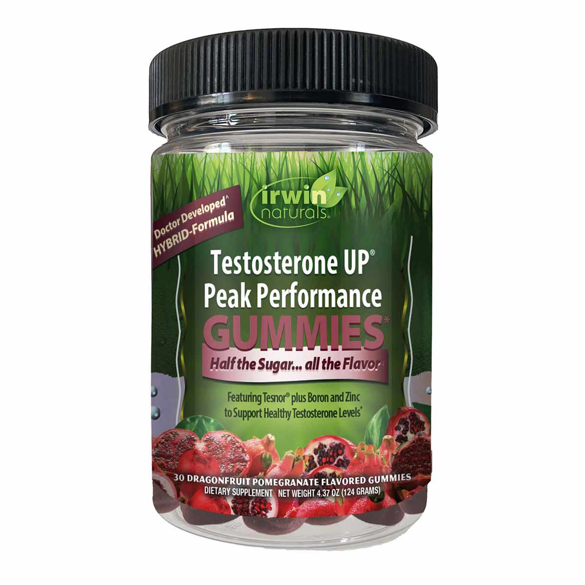 Bottle of Irwin Naturals Testosterone UP Peak Performance Gummies in dragonfruit pomegranate flavor with black screw cap.
