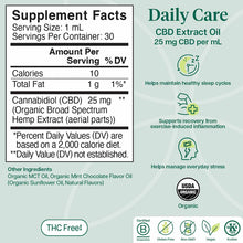 Charlotte's Web Daily Care CBD Extract Oil with 25 mg CBD per mL serving, supplement facts and organic certification label vi