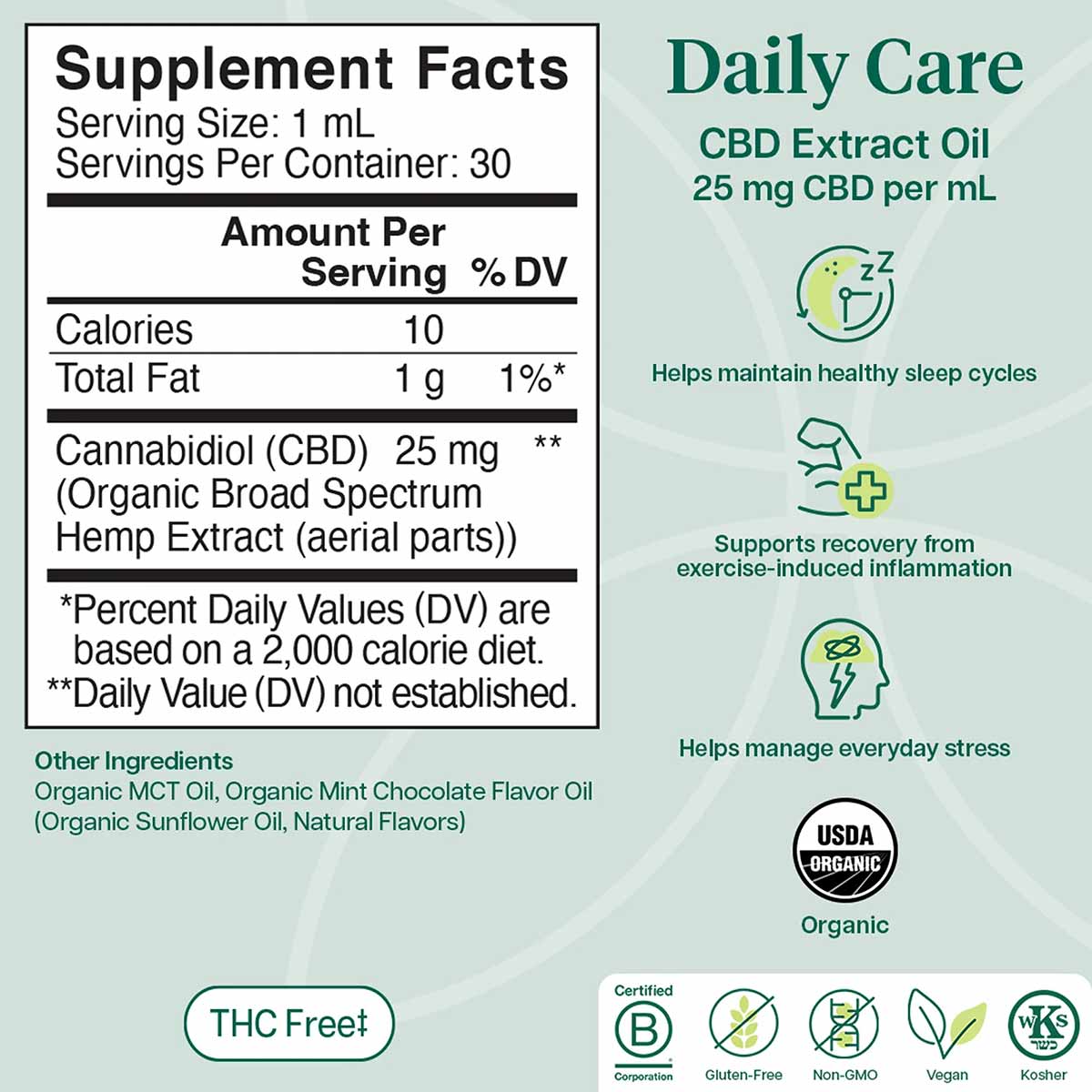 Charlotte's Web Daily Care CBD Extract Oil with 25 mg CBD per mL serving, supplement facts and organic certification label vi