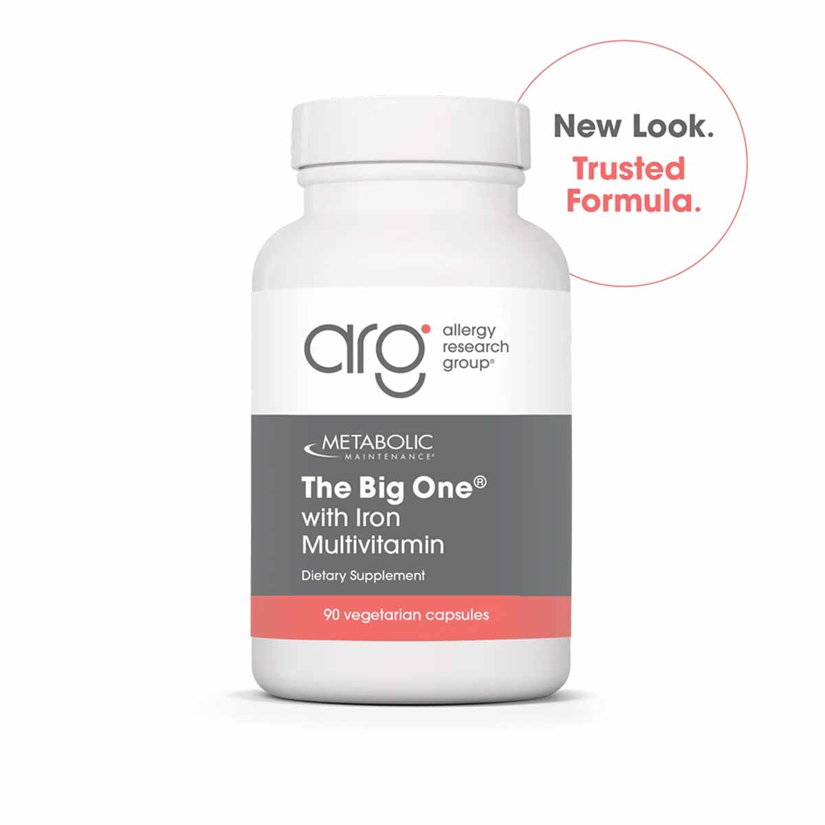 White bottle of Allergy Research Group The Big One multivitamin with iron, 90 vegetarian capsules.