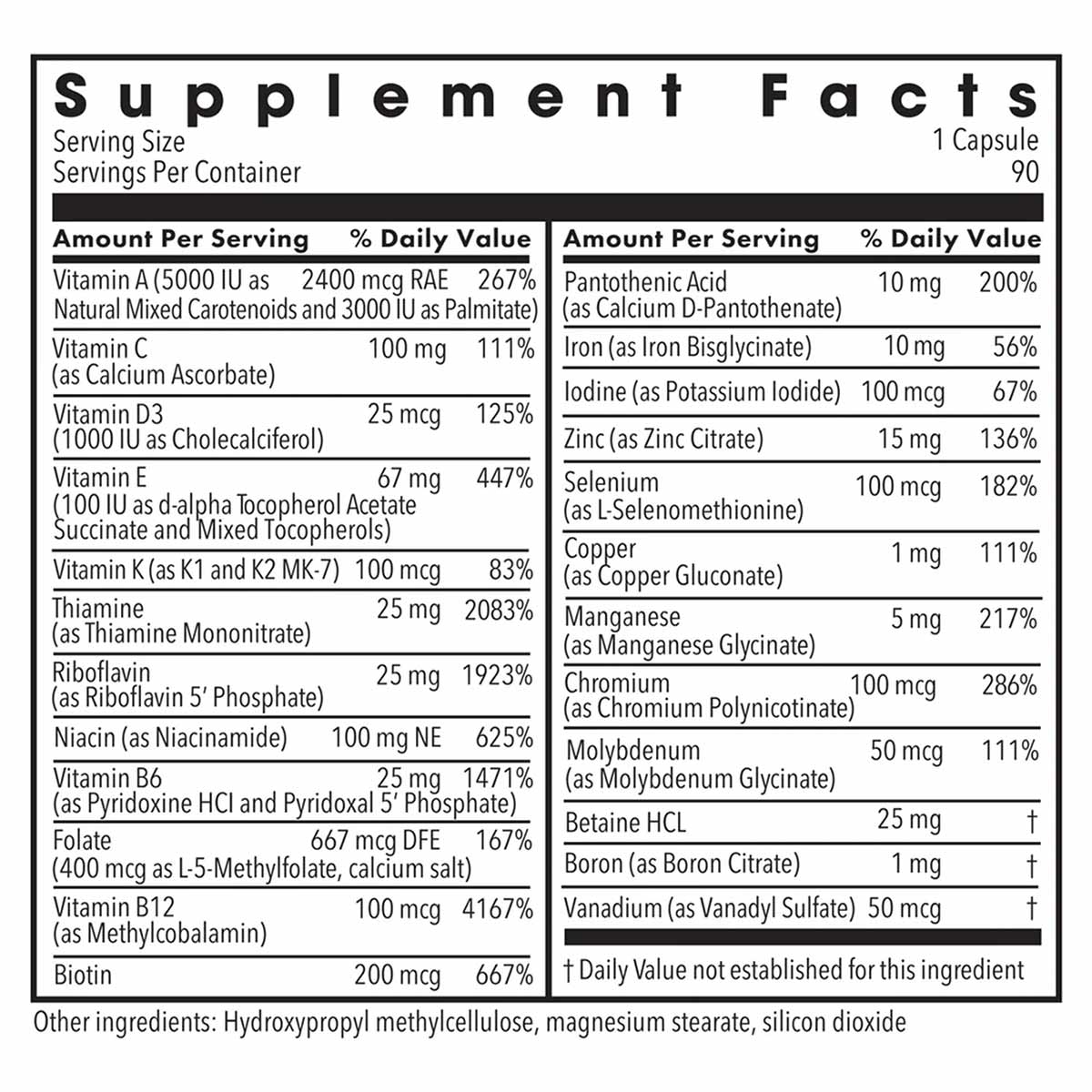 Supplement Facts label for multivitamin with iron showing serving size of one capsule, 90 servings per container, and detaile