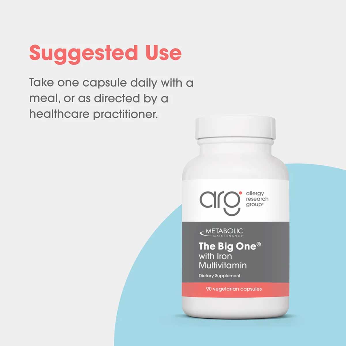 White bottle of The Big One multivitamin with iron by Allergy Research Group, containing 90 vegetarian capsules.