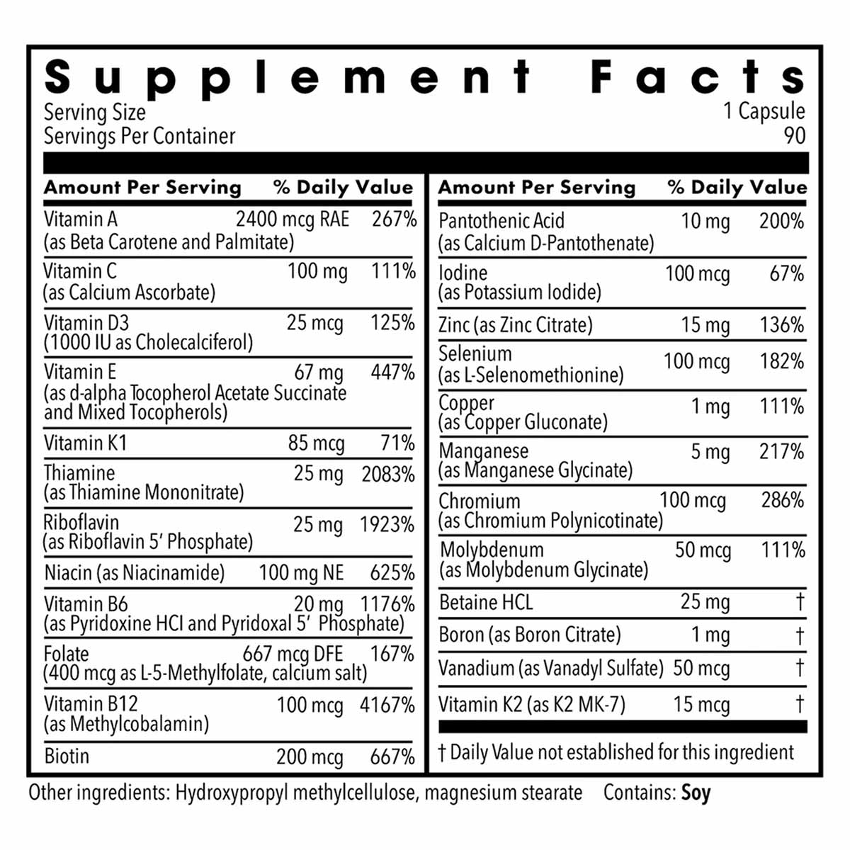 Supplement Facts label showing nutritional information for a multivitamin capsule with vitamins, minerals, and serving size o