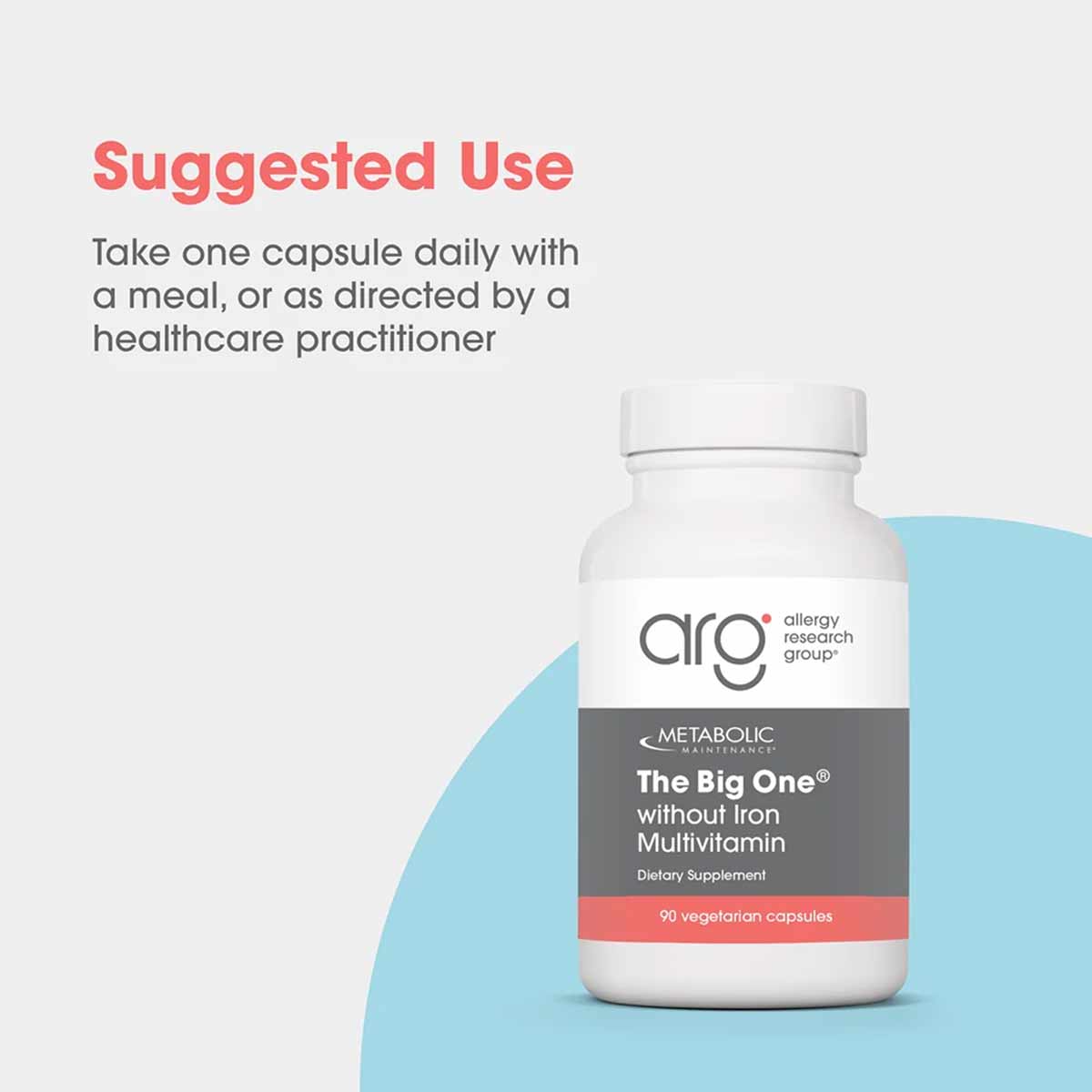 White bottle of The Big One multivitamin without iron by Allergy Research Group, 90 vegetarian capsules.