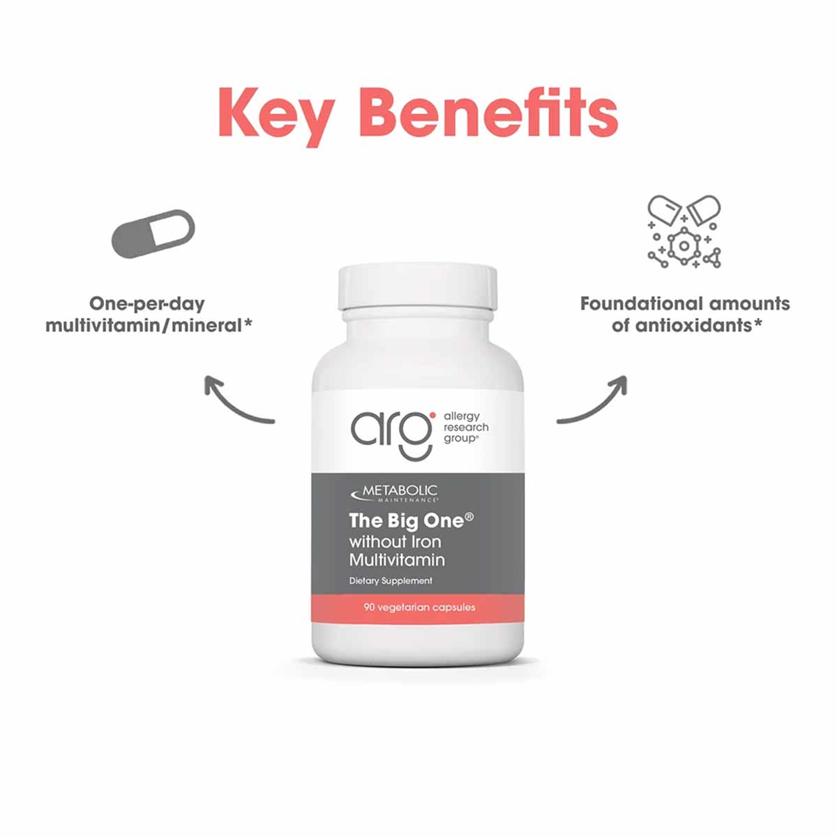 White bottle of The Big One multivitamin without Iron by Allergy Research Group containing 90 vegetarian capsules.