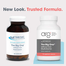 Two bottles of The Big One multivitamin without iron by Allergy Research Group: dark amber glass bottle on left, white plasti