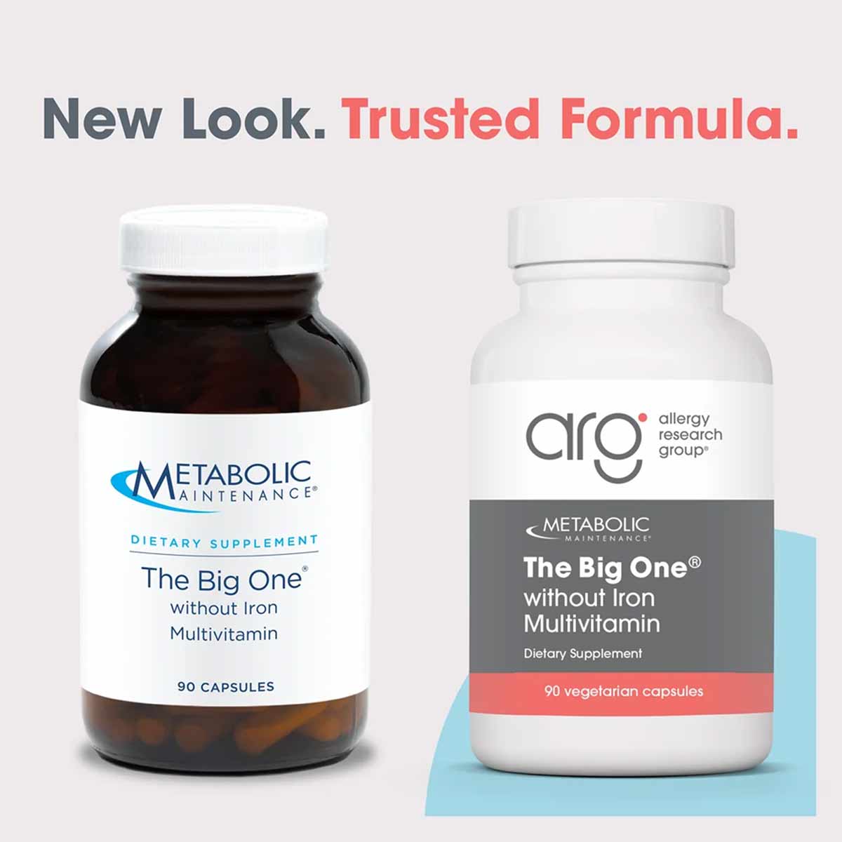 Two bottles of The Big One multivitamin without iron by Allergy Research Group: dark amber glass bottle on left, white plasti