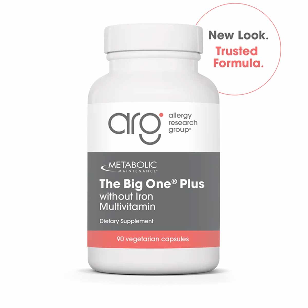 White bottle of Allergy Research Group The Big One Plus without Iron multivitamin dietary supplement containing 90 vegetarian