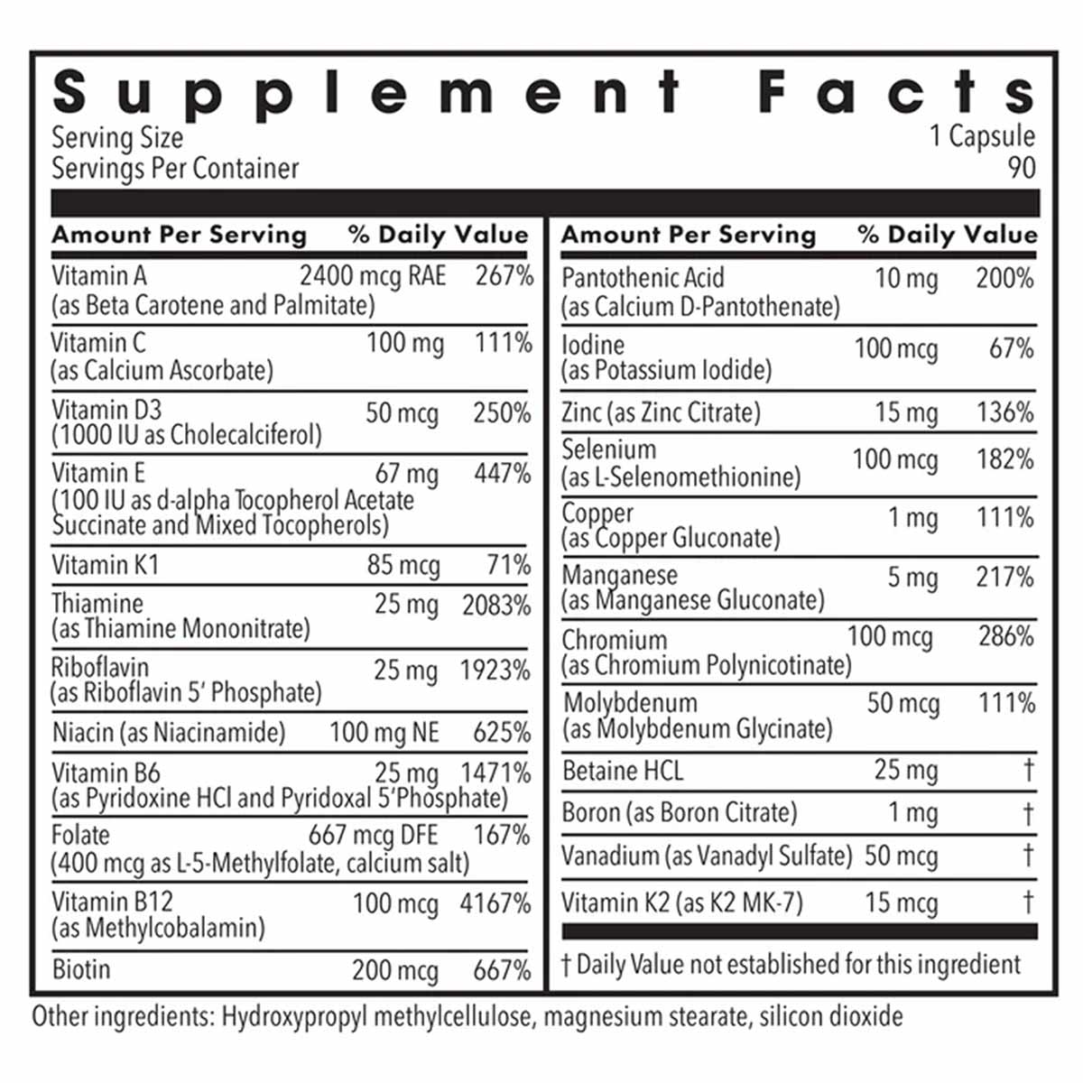 Supplement Facts label for The Big One Plus without Iron multivitamin, 90 capsules, listing vitamins, minerals, and daily val