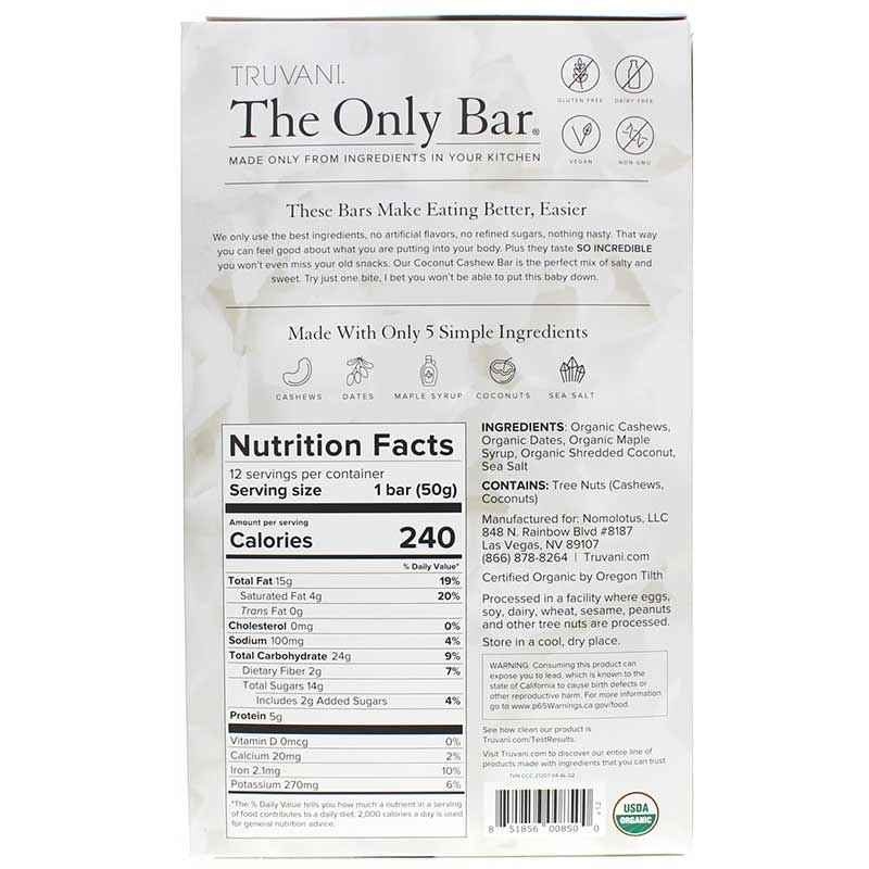 The Only Bar, Coconut Cashew, 12 Bars, by Truvani, image #2