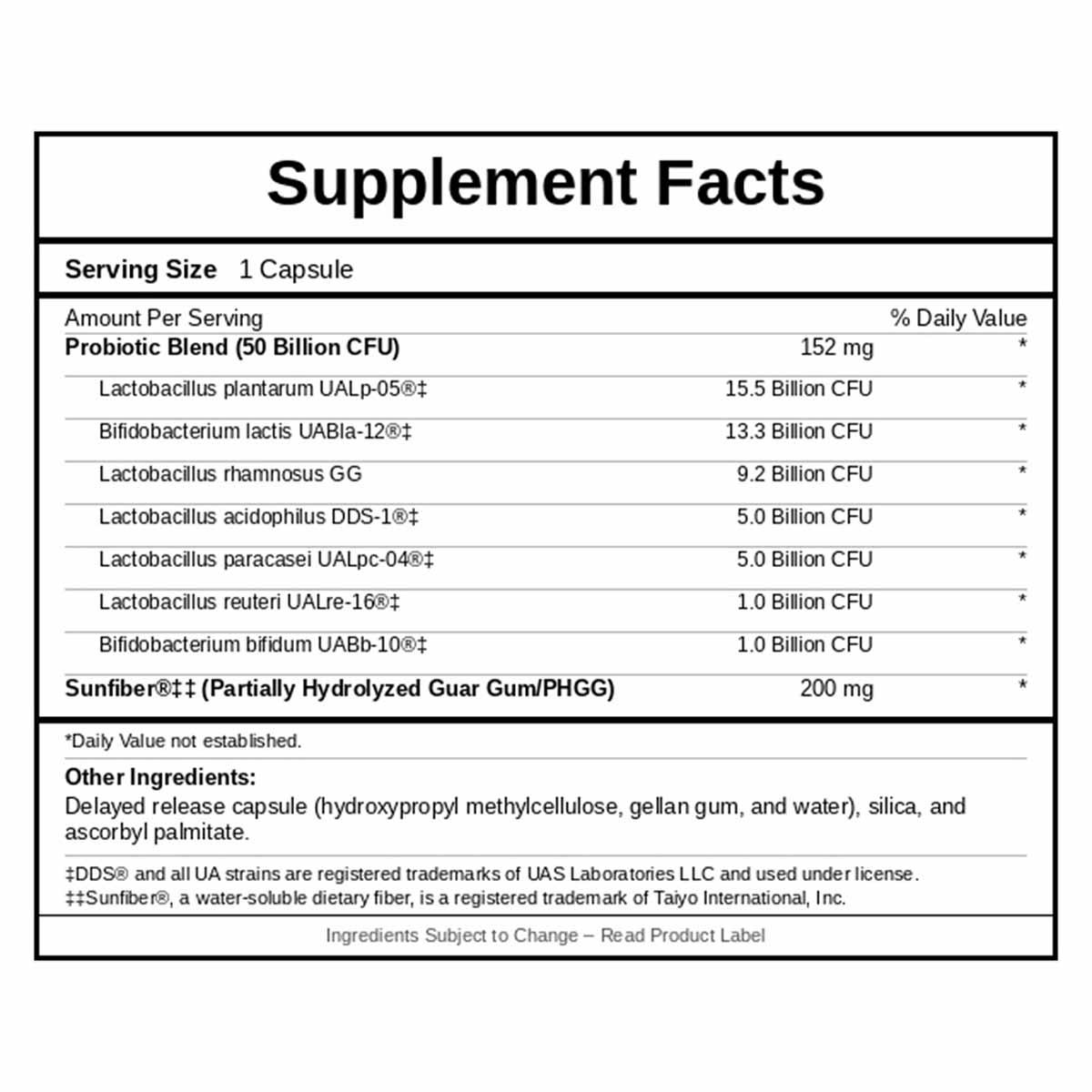 Supplement Facts label for Ther-Biotic Synbiotic showing probiotic blend of 50 billion CFU and Sunfiber prebiotic per capsule