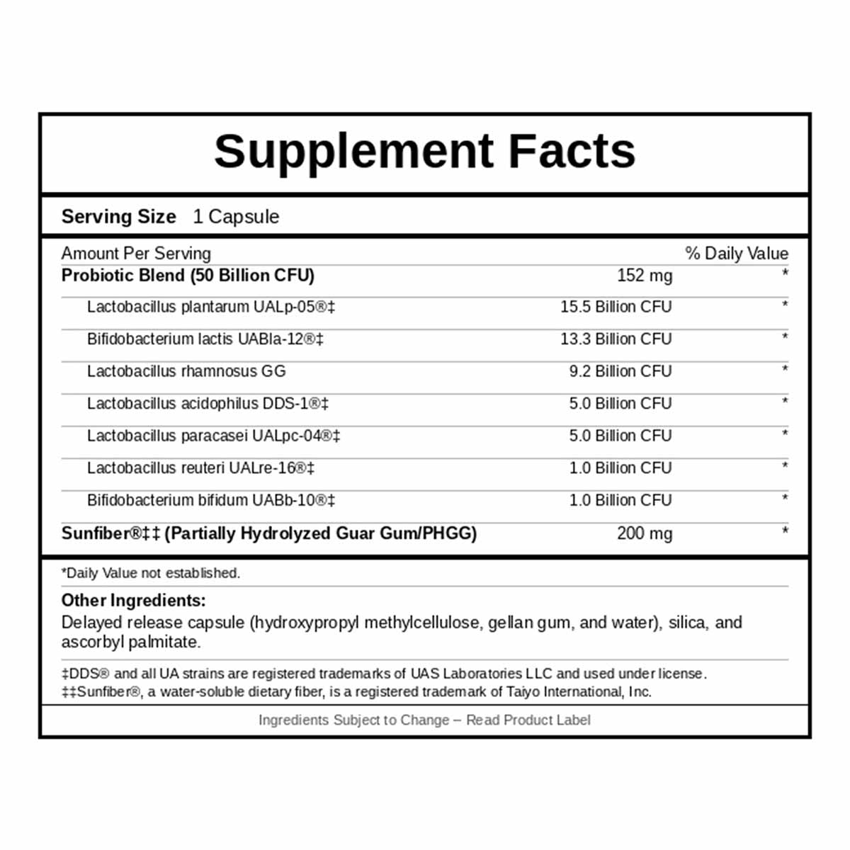 Supplement Facts label for Ther-Biotic Synbiotic showing probiotic blend with 50 billion CFU and Sunfiber ingredient informat