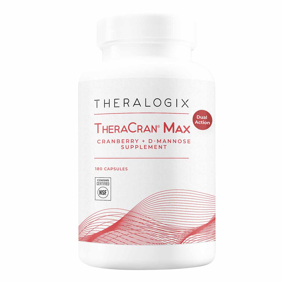 White supplement bottle labeled Theralogix TheraCran Max with red text, containing 180 capsules.