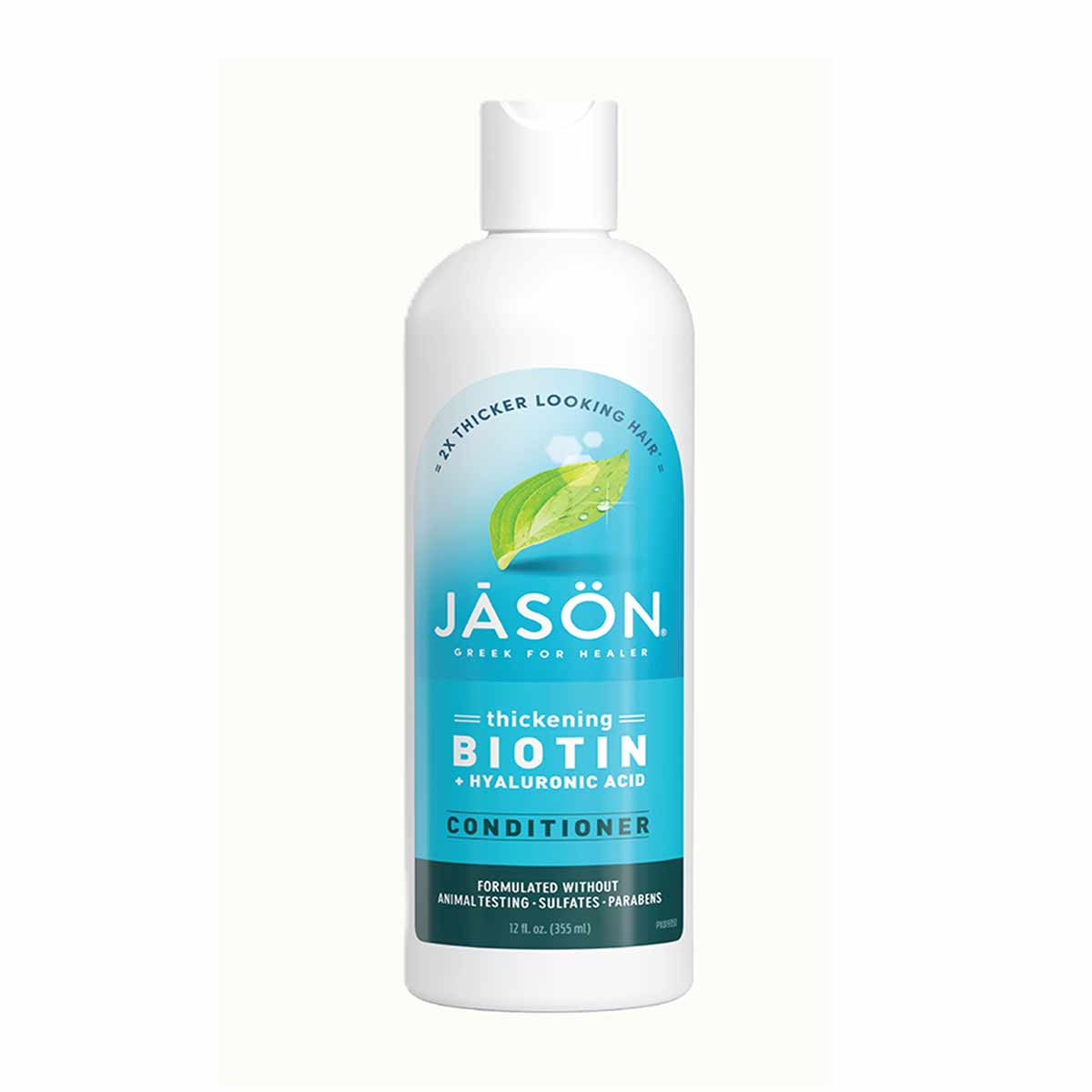 White plastic bottle of Jason Thickening Biotin + Hyaluronic Acid Conditioner with blue and teal label, 12 fl oz.