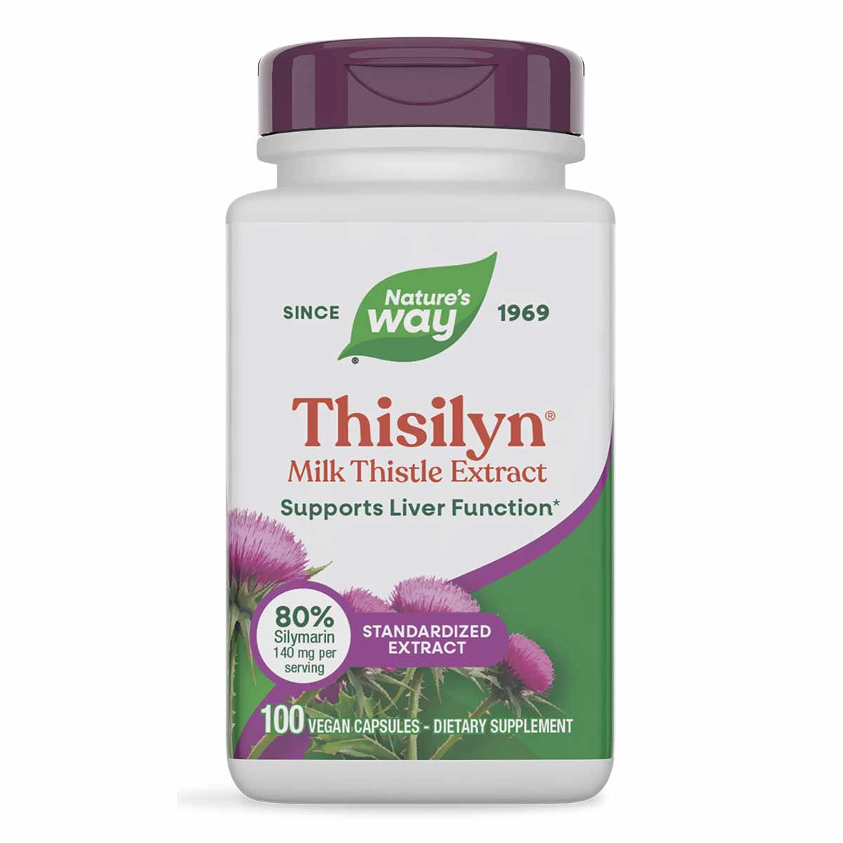 Thisilyn Milk Thistle Extract bottle with purple cap, 100 vegan capsules, featuring pink thistle flower imagery and green lea