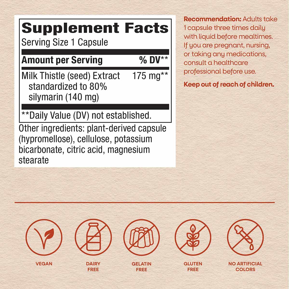 Supplement Facts label showing milk thistle extract 175 mg per capsule with icons indicating vegan, dairy-free, gelatin-free,