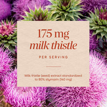 Cream-colored label displaying "175 mg milk thistle per serving" with extract details, overlaid on purple and green milk this