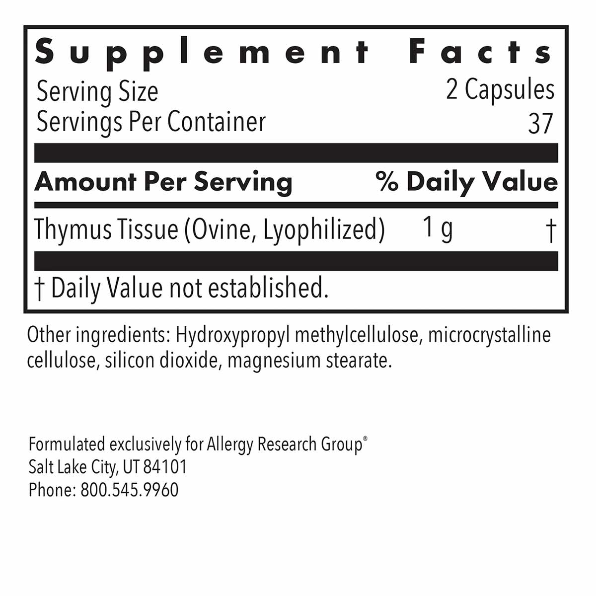 Thymus Natural Glandular, 75 Veg Capsules, by Allergy Research Group