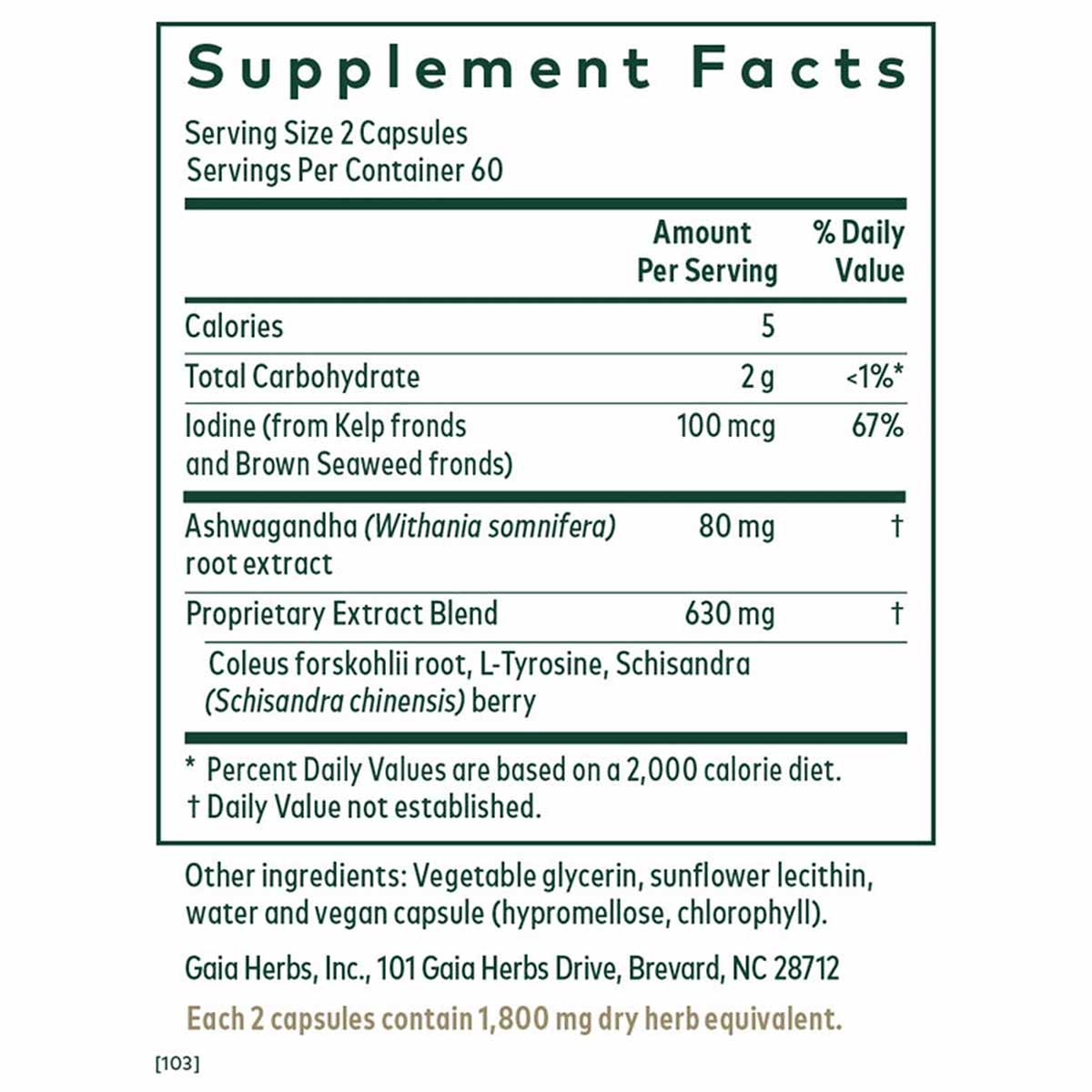 Supplement Facts label for Thyroid Formula by Gaia Herbs Pro showing serving size, nutritional information, and herbal ingred