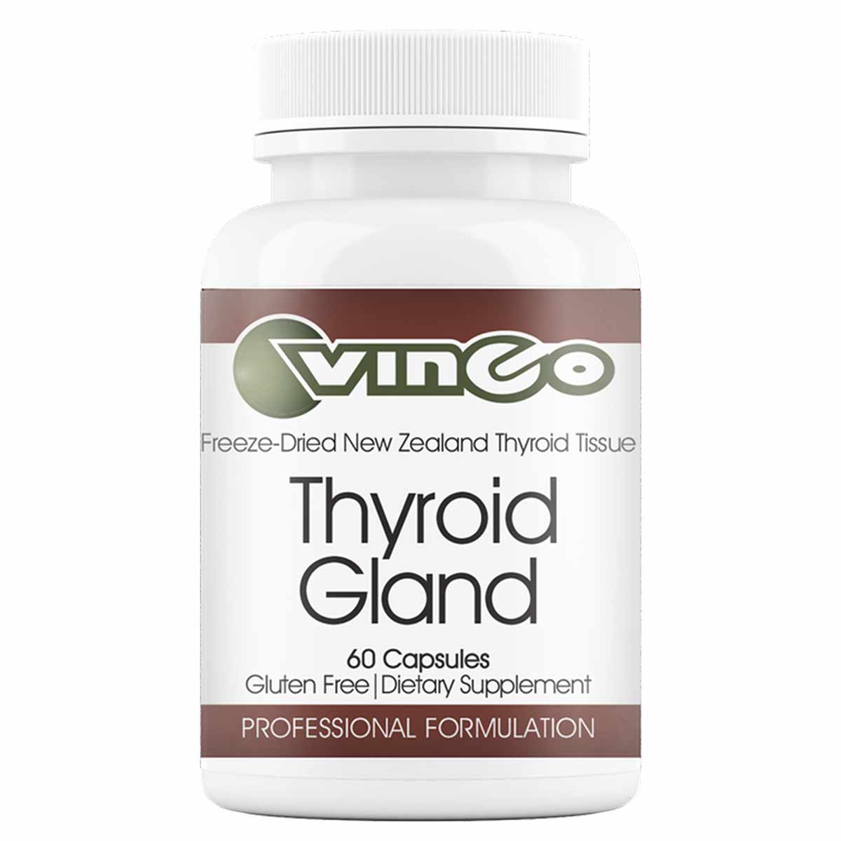White bottle with brown label containing Vinco Thyroid Gland supplement, 60 capsules, with white ribbed cap.