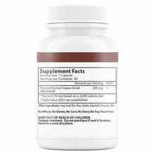 White bottle with brown label band containing supplement facts for thyroid bovine freeze-dried capsules, 60 servings per cont