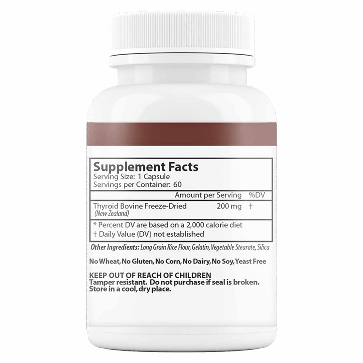 White bottle with brown label band containing supplement facts for thyroid bovine freeze-dried capsules, 60 servings per cont