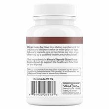White bottle with ribbed cap containing Thyroid Gland supplement capsules by Vinco, with brown label band and usage direction