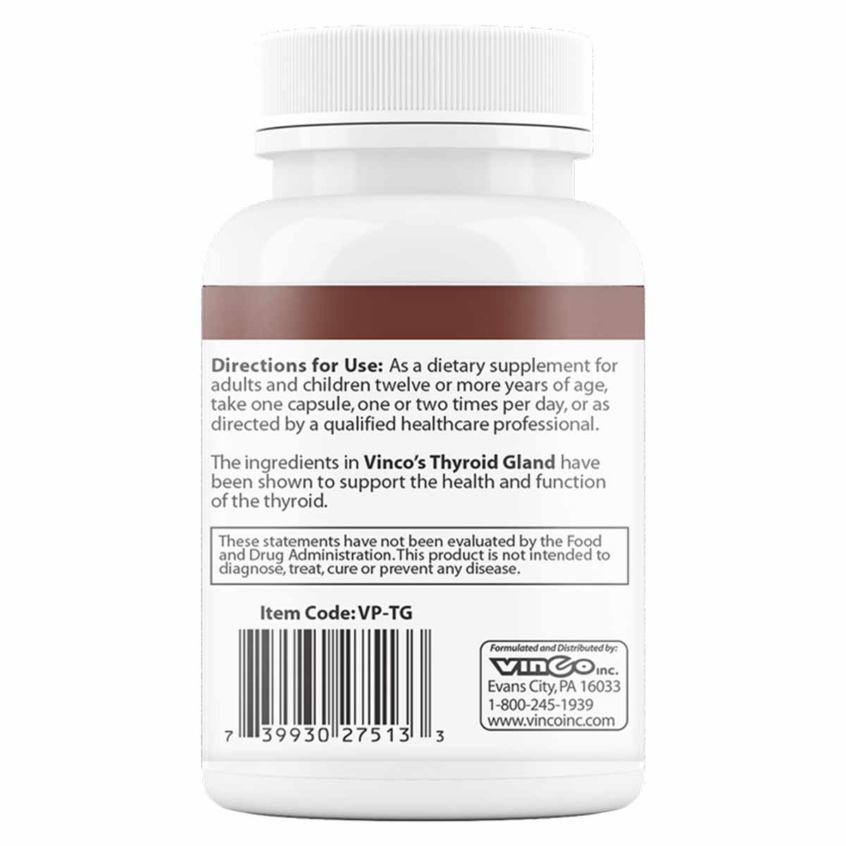 White bottle with ribbed cap containing Thyroid Gland supplement capsules by Vinco, with brown label band and usage direction