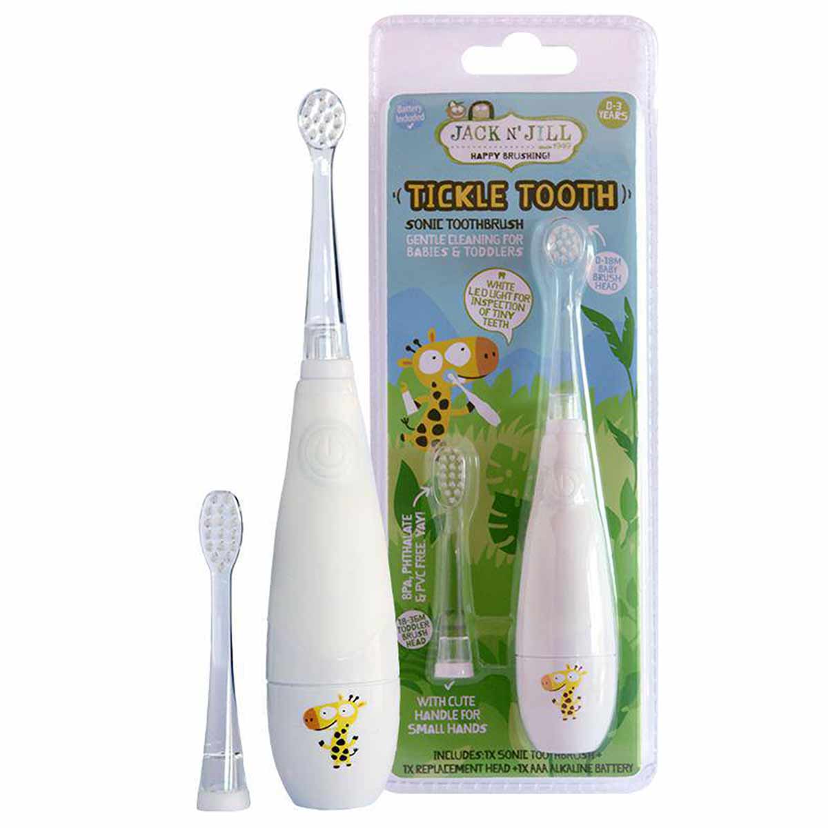 White sonic toothbrush with two replacement heads and packaging showing giraffe design for babies and toddlers.