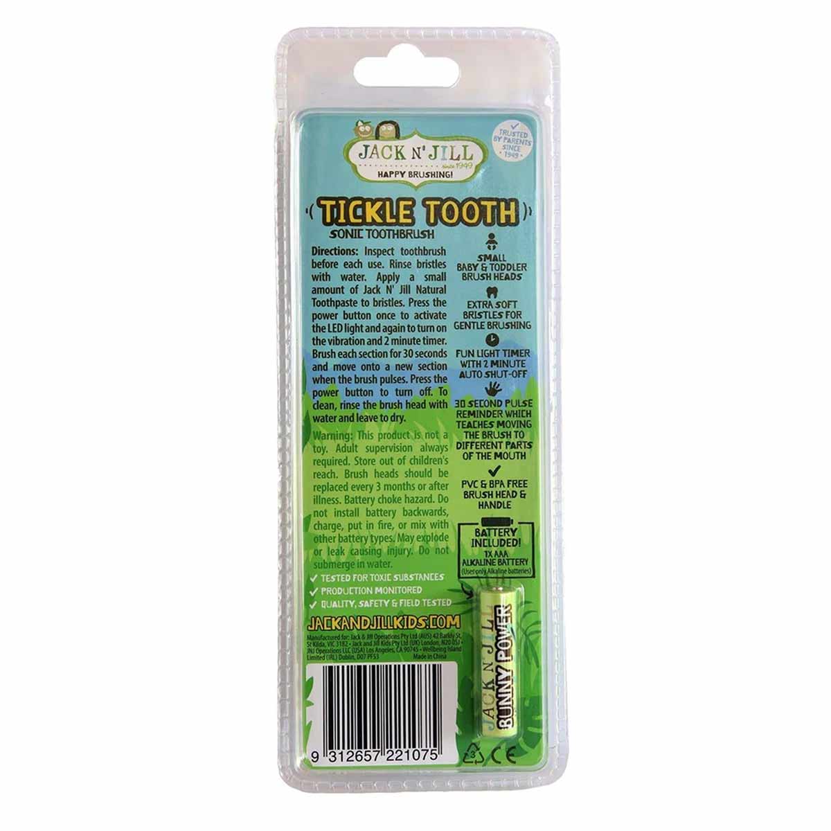 Jack N' Jill Tickle Tooth sonic toothbrush in turquoise packaging with battery included and usage instructions visible.